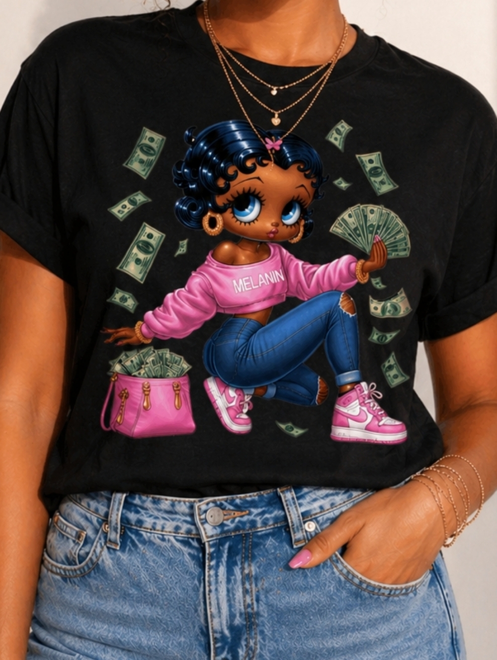 Graphic Money Betty Boop Black Tee - Pink & Blue Design